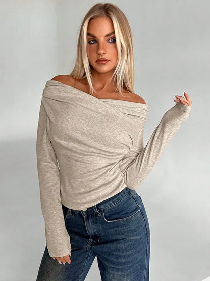 T-shirt femme automne nouveau Streetwear mode manches longues plis décontracté mince t-shirts solide Sexy épaules nues élégant femme T-shirt