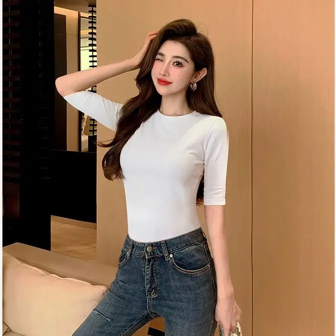 T-shirt en coton à manches moyennes pour femmes, col haut, intérieur mince, astronomique, manches moyennes, Y-Soft respirant