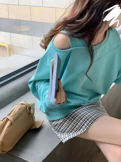 Femme T-shirt rouge Sexy vêtements ample haut uni pour les femmes épaules nues 2025 vieux Simple pas cher T-shirt élégant Original Xxl Emo T-shirt