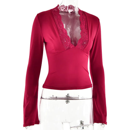 T-shirt en patchwork de dentelle pour femme, haut court sexy, manches évasées, col en V fin, précieux, streetwear pour femme, printemps, été, 2025