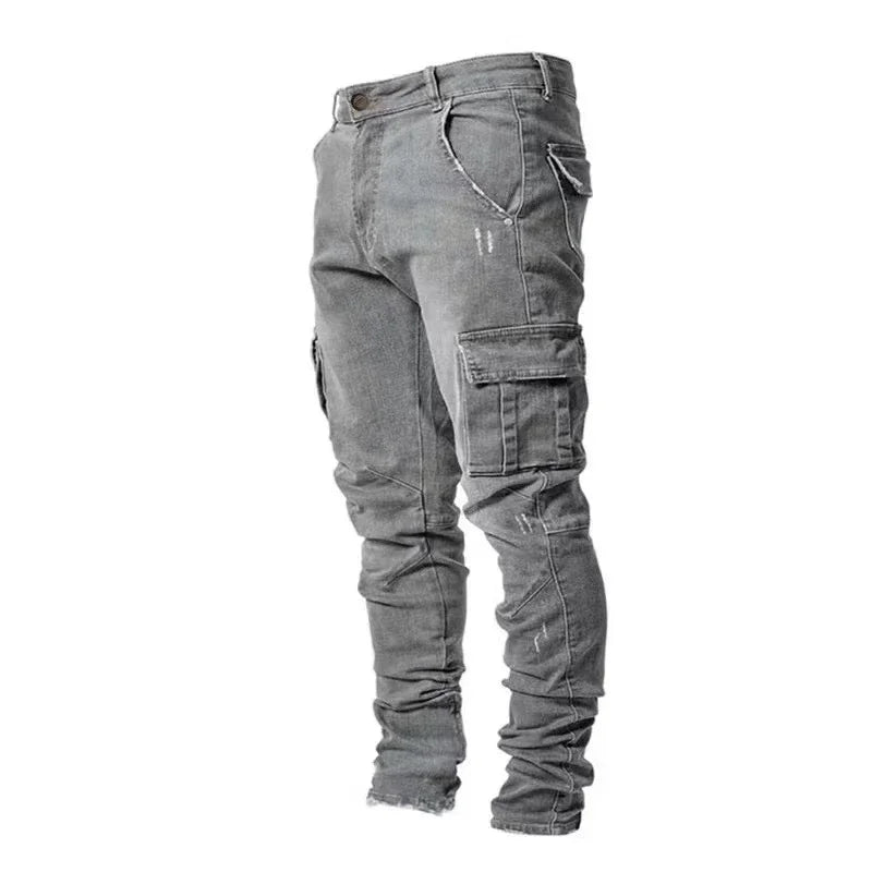 Jean en Denim élastique pour hommes, couleur unie, pantalon Cargo multi-poches, décontracté, coupe cintrée, usage quotidien, jogging, taille moyenne