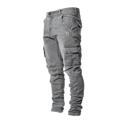 Jean en Denim élastique pour hommes, couleur unie, pantalon Cargo multi-poches, décontracté, coupe cintrée, usage quotidien, jogging, taille moyenne