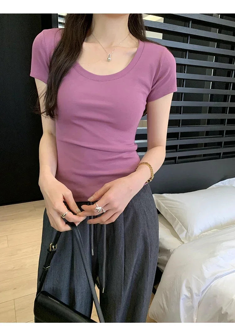 Femme 2025 été décontracté coton t-shirt pour femmes à manches courtes t-shirts mode femmes vêtements mince basique col rond Y2K t-shirt