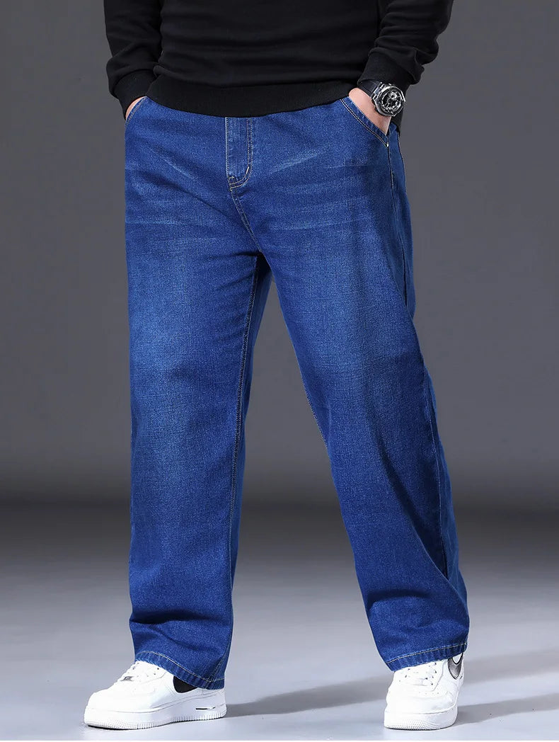 Jean extensible pour hommes, 29 à 50 tailles, pantalon en Denim à jambe droite, taille étendue, bleu/noir, Streetwear, coupe décontractée pour le travail et le décontracté