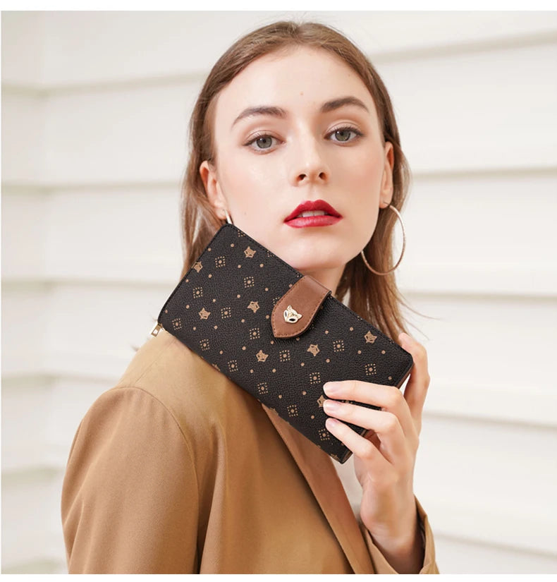 FOXER femmes Long portefeuille carte et porte-passeport élégant pochette dame monogramme PVC avec bracelet sac de téléphone portable femme porte-monnaie