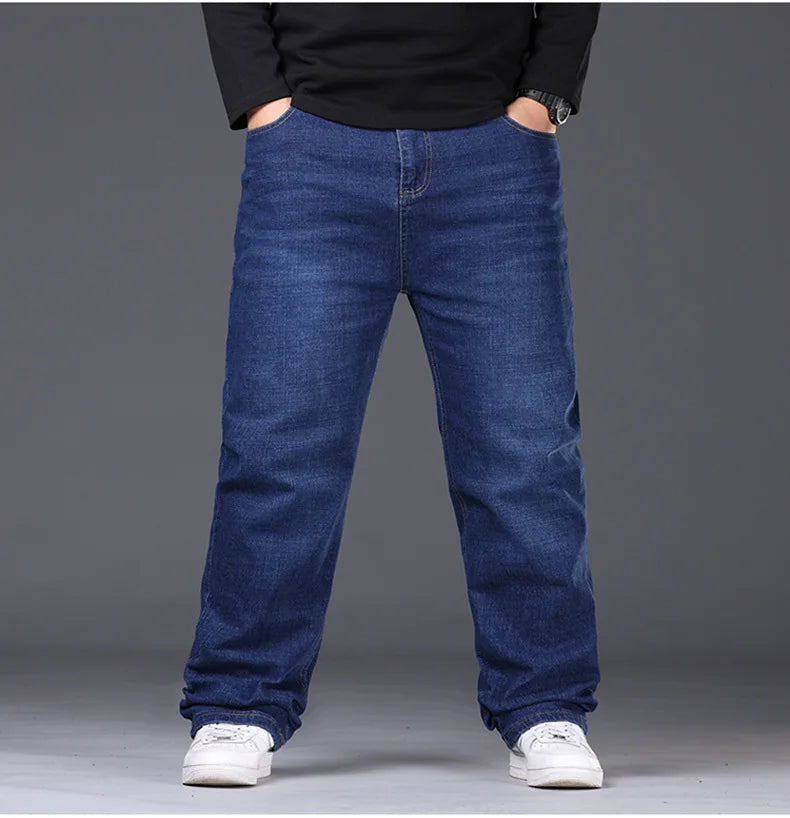 Jean extensible pour hommes, 29 à 50 tailles, pantalon en Denim à jambe droite, taille étendue, bleu/noir, Streetwear, coupe décontractée pour le travail et le décontracté
