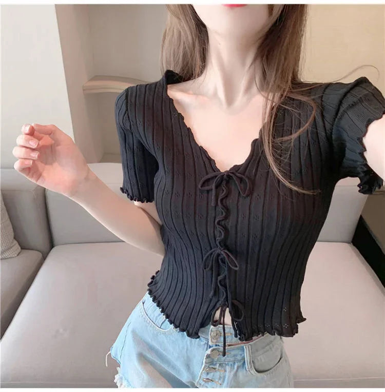 T-shirt à manches courtes pour femmes, haut court, blanc, été