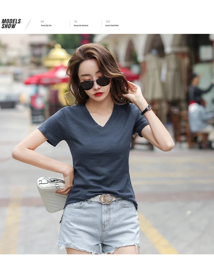 T-Shirt pour femmes 2025 été hauts basique solide coton T-Shirt décontracté Femme vêtements col en v t-shirts à manches courtes T-Shirt Femme