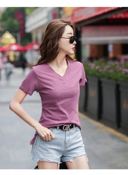 T-Shirt pour femmes 2025 été hauts basique solide coton T-Shirt décontracté Femme vêtements col en v t-shirts à manches courtes T-Shirt Femme