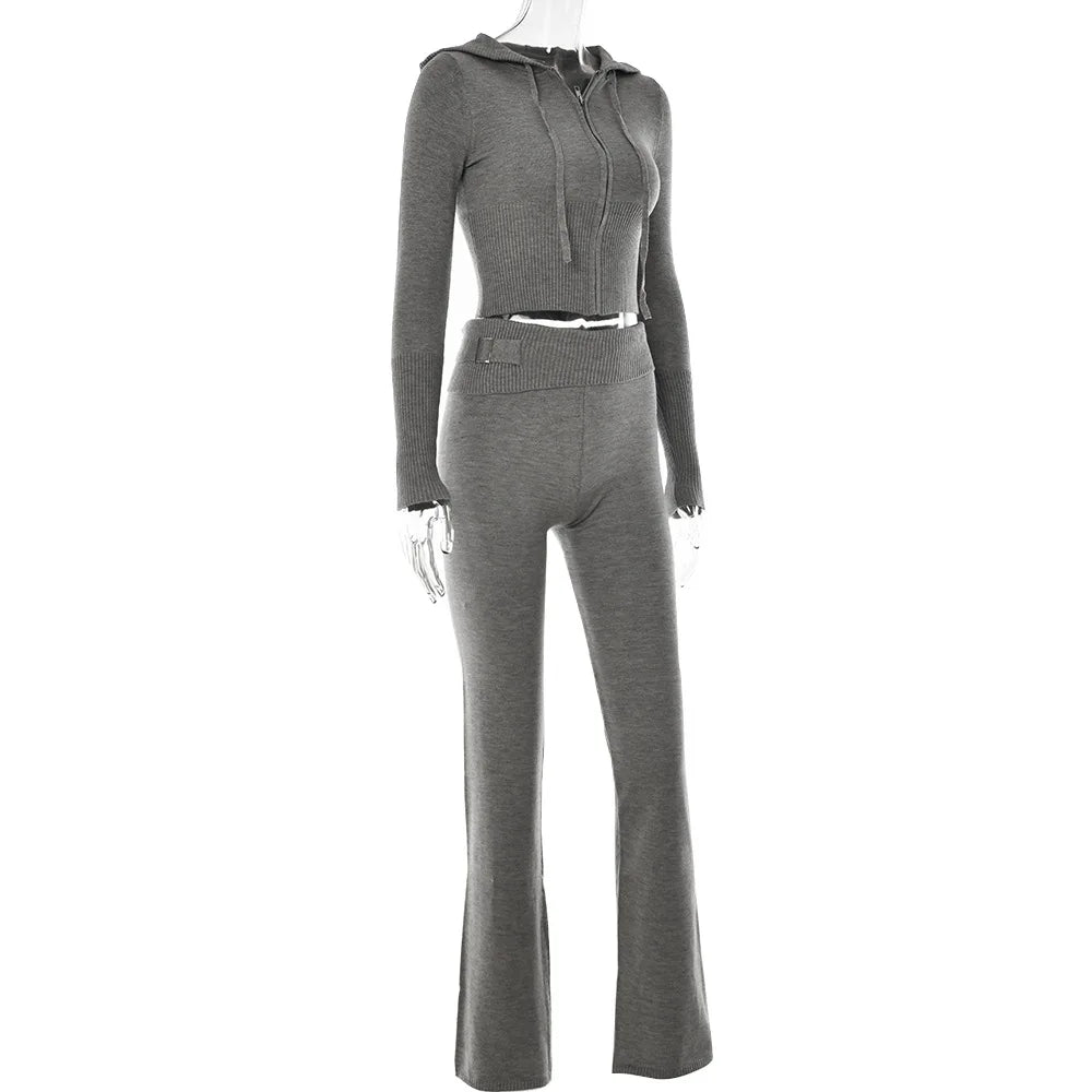 Ensemble tricoté 2 pièces pour femmes, survêtement à manches longues, fermeture éclair, pull à capuche, haut court, pantalon évasé, extensible, assorti, tenue