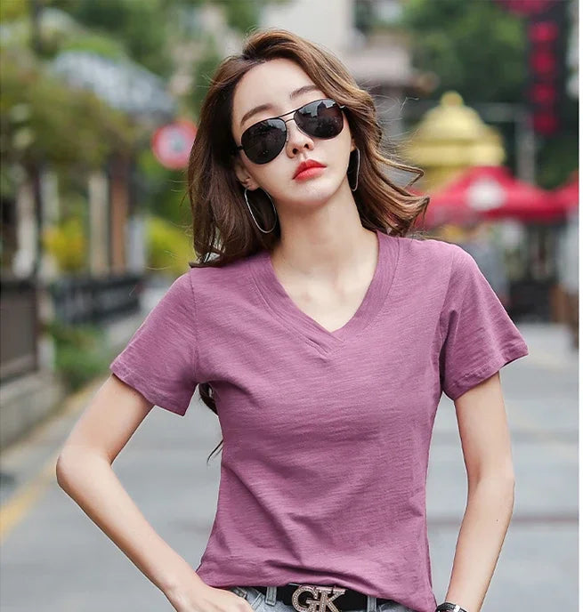 T-Shirt pour femmes 2025 été hauts basique solide coton T-Shirt décontracté Femme vêtements col en v t-shirts à manches courtes T-Shirt Femme