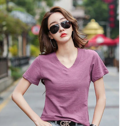 T-Shirt pour femmes 2025 été hauts basique solide coton T-Shirt décontracté Femme vêtements col en v t-shirts à manches courtes T-Shirt Femme