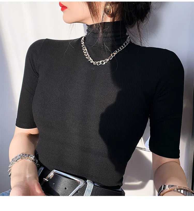 T-shirt col roulé manches courtes femme, basique, en coton, slim, décontracté, élastique, blanc