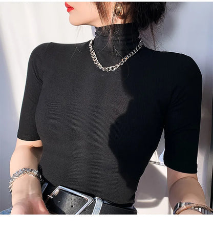 T-shirt col roulé manches courtes femme, basique, en coton, slim, décontracté, élastique, blanc