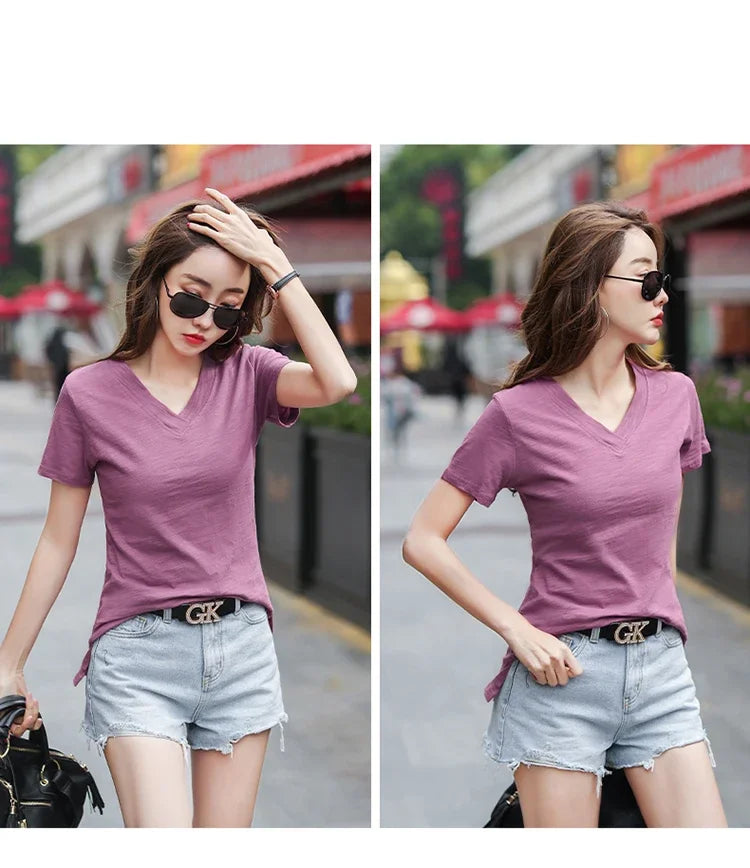 T-Shirt pour femmes 2025 été hauts basique solide coton T-Shirt décontracté Femme vêtements col en v t-shirts à manches courtes T-Shirt Femme