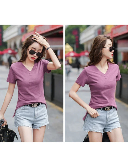 T-Shirt pour femmes 2025 été hauts basique solide coton T-Shirt décontracté Femme vêtements col en v t-shirts à manches courtes T-Shirt Femme