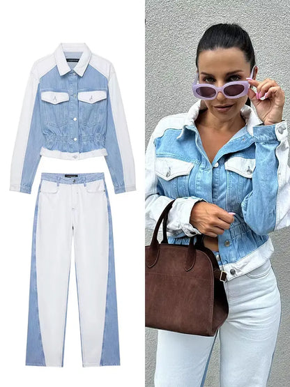 HH – costume en Denim Vintage pour femme, manteau à revers à manches longues et simple boutonnage + jean taille haute à jambes larges, ensemble de mode de rue, automne 2024