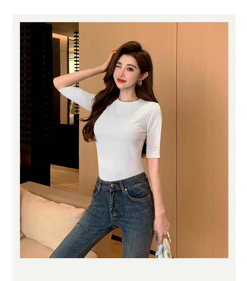 T-shirt en coton à manches moyennes pour femmes, col haut, intérieur mince, astronomique, manches moyennes, Y-Soft respirant