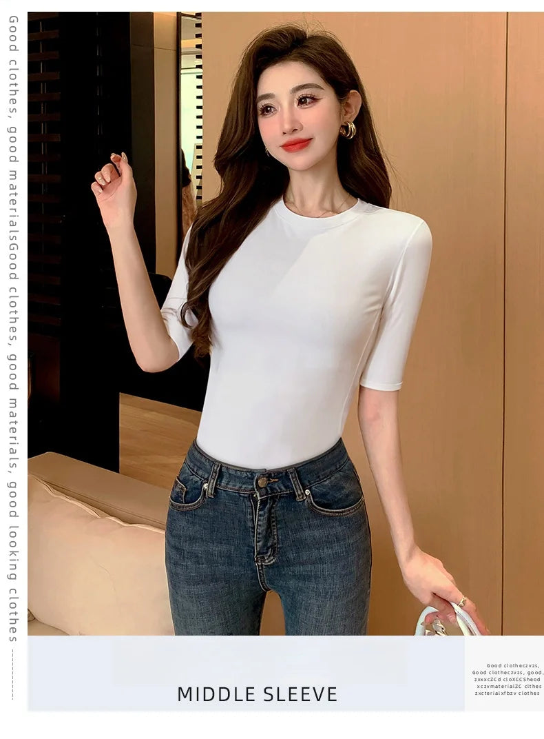 T-shirt en coton à manches moyennes pour femmes, col haut, intérieur mince, astronomique, manches moyennes, Y-Soft respirant