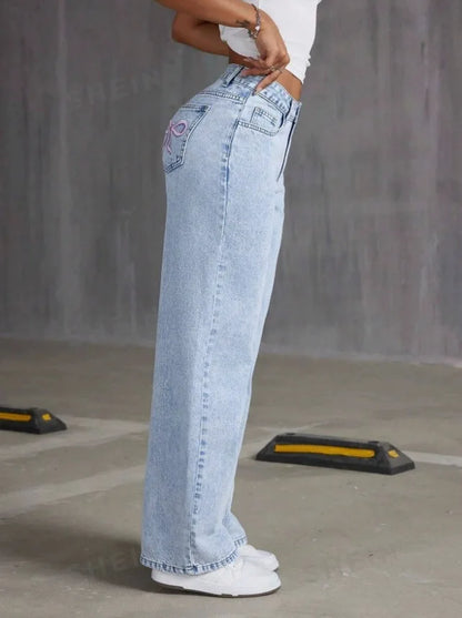 Jean pantalon droit femmes Denim lavé Jean pleine longueur maman broderie poches ample taille haute Vintage fermeture éclair mouche épissé