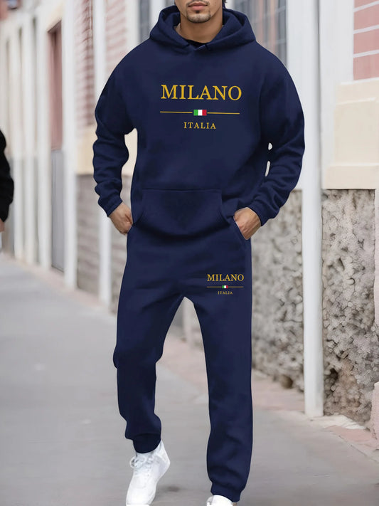 Ensemble sweat-shirt à capuche + pantalon de survêtement pour hommes, mode décontractée, chaud, motif MILANO ITALIA imprimé, ample, peluche épaisse, automne et hiver
