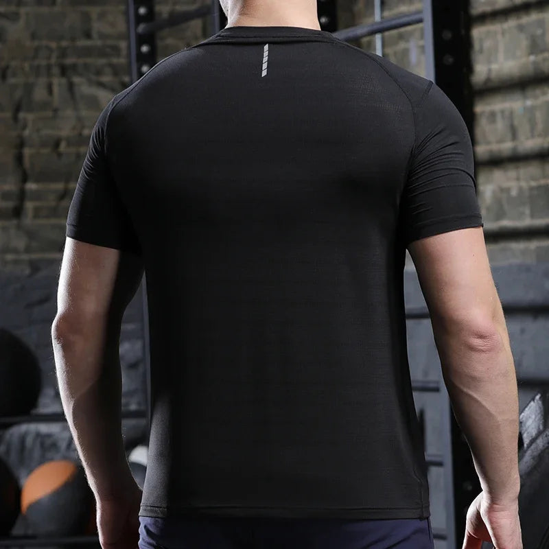 Hommes mince glace soie hauts course à manches courtes sport T-shirt gymnase Fitness entraînement musculaire sweat sec ajustement serré survêtements