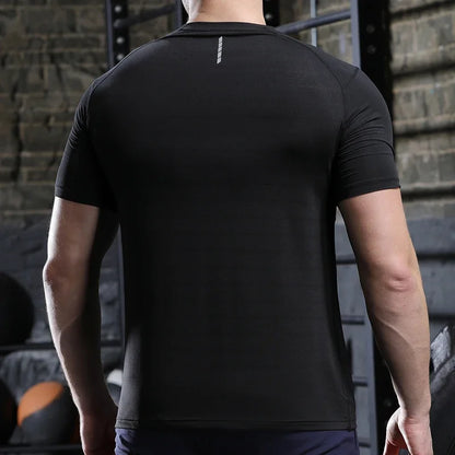 Hommes mince glace soie hauts course à manches courtes sport T-shirt gymnase Fitness entraînement musculaire sweat sec ajustement serré survêtements