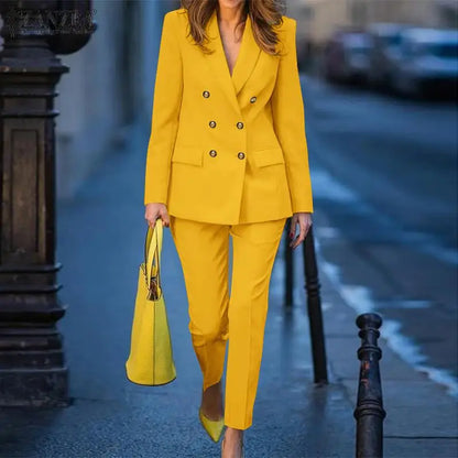 ZANZEA femmes mode 2 pièces Blazer costumes cranté revers à manches longues Blazer pantalon ensembles élégant bureau dame solide 2 pièces tenues