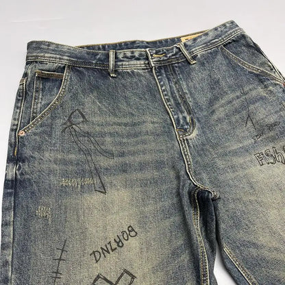 Jean rétro imprimé vieil délavé pour hommes, coupe ample, Micro-conique, petit pantalon droit, tendance de rue, printemps et automne