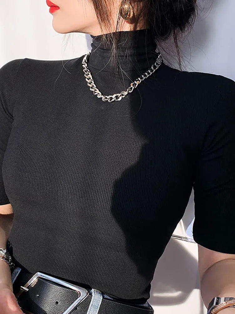 T-shirt col roulé manches courtes femme, basique, en coton, slim, décontracté, élastique, blanc