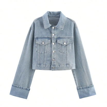 HH – costume en Denim Vintage pour femme, manteau à revers à manches longues et simple boutonnage + jean taille haute à jambes larges, ensemble de mode de rue, automne 2024