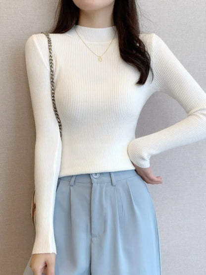 Nouveau en automne hiver femmes à manches longues tricoté col mi-haut côtelé Pull Pull doux chaud Femme Pull Pull vêtements