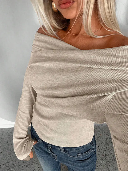 T-shirt femme automne nouveau Streetwear mode manches longues plis décontracté mince t-shirts solide Sexy épaules nues élégant femme T-shirt