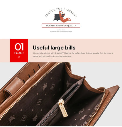 FOXER femmes Long portefeuille carte et porte-passeport élégant pochette dame monogramme PVC avec bracelet sac de téléphone portable femme porte-monnaie