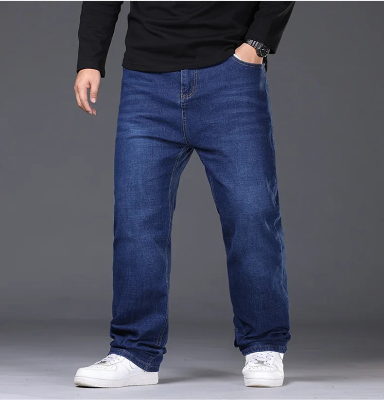Jean extensible pour hommes, 29 à 50 tailles, pantalon en Denim à jambe droite, taille étendue, bleu/noir, Streetwear, coupe décontractée pour le travail et le décontracté