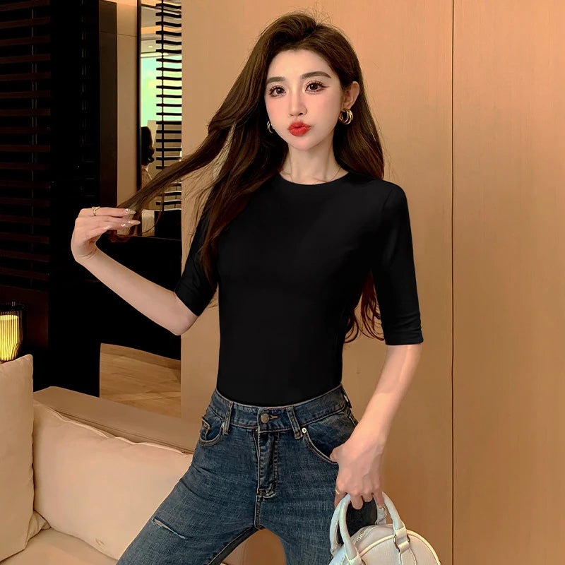 T-shirt en coton à manches moyennes pour femmes, col haut, intérieur mince, astronomique, manches moyennes, Y-Soft respirant