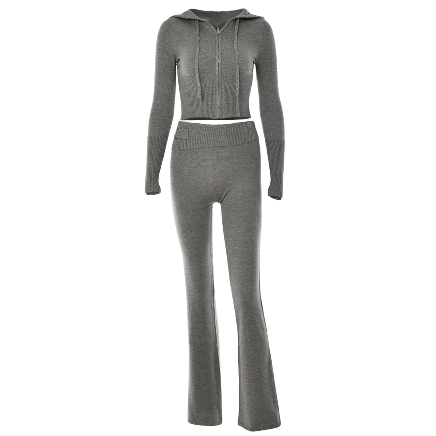 Tenue 2 pièces en tricot côtelé pour femmes, manches longues, fermeture éclair, coupe cintrée, haut court à capuche, pantalon Long élastique, ensemble survêtements Y2K