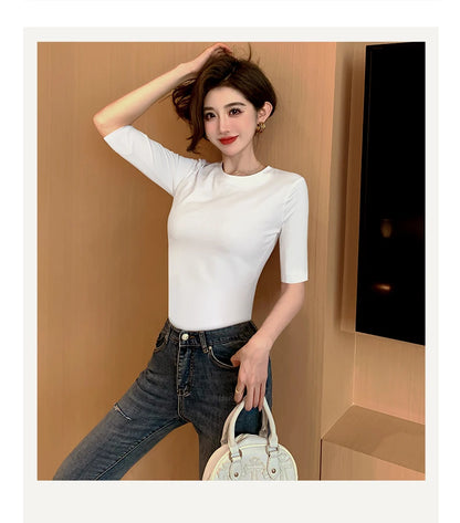 T-shirt en coton à manches moyennes pour femmes, col haut, intérieur mince, astronomique, manches moyennes, Y-Soft respirant