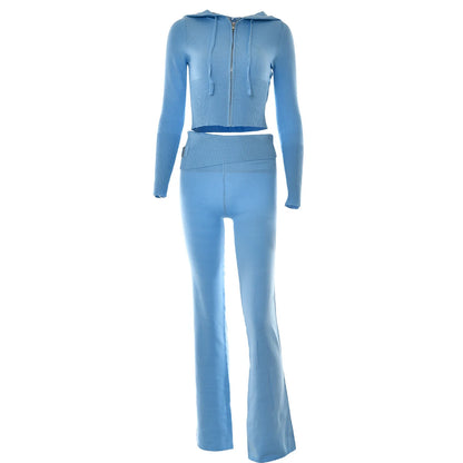 Tenue 2 pièces en tricot côtelé pour femmes, manches longues, fermeture éclair, coupe cintrée, haut court à capuche, pantalon Long élastique, ensemble survêtements Y2K