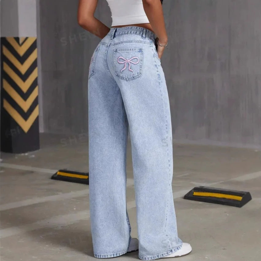 Jean pantalon droit femmes Denim lavé Jean pleine longueur maman broderie poches ample taille haute Vintage fermeture éclair mouche épissé