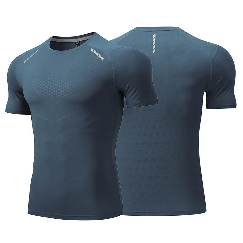 Hommes mince glace soie hauts course à manches courtes sport T-shirt gymnase Fitness entraînement musculaire sweat sec ajustement serré survêtements