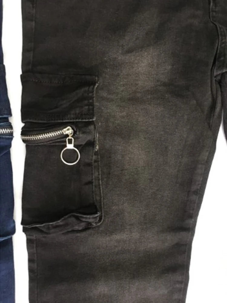 Jean homme Denim Cargo pantalon lavage couleur unie Multi poches décontracté taille moyenne pantalon rue Elasti coupe ajustée usage quotidien Joggers