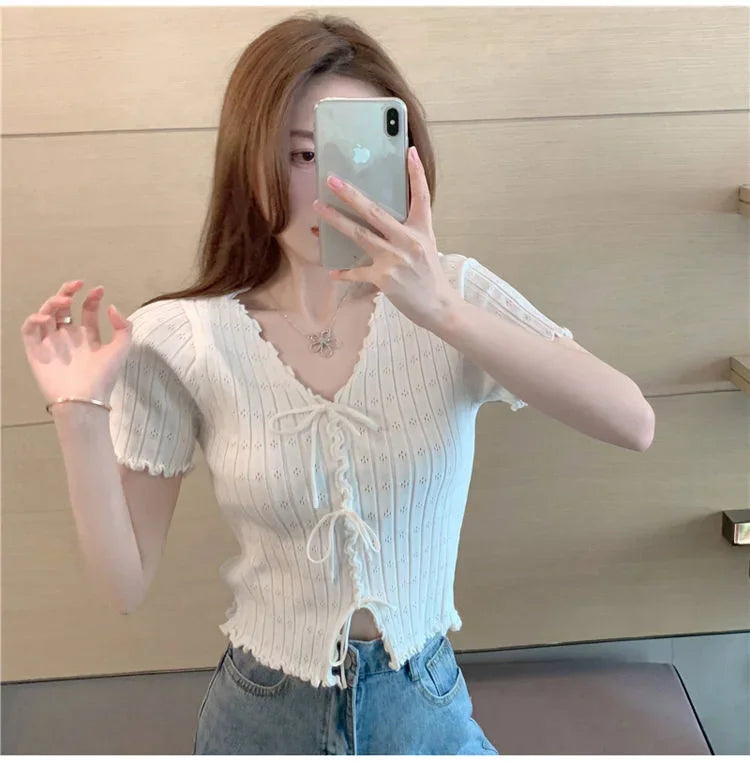 T-shirt à manches courtes pour femmes, haut court, blanc, été