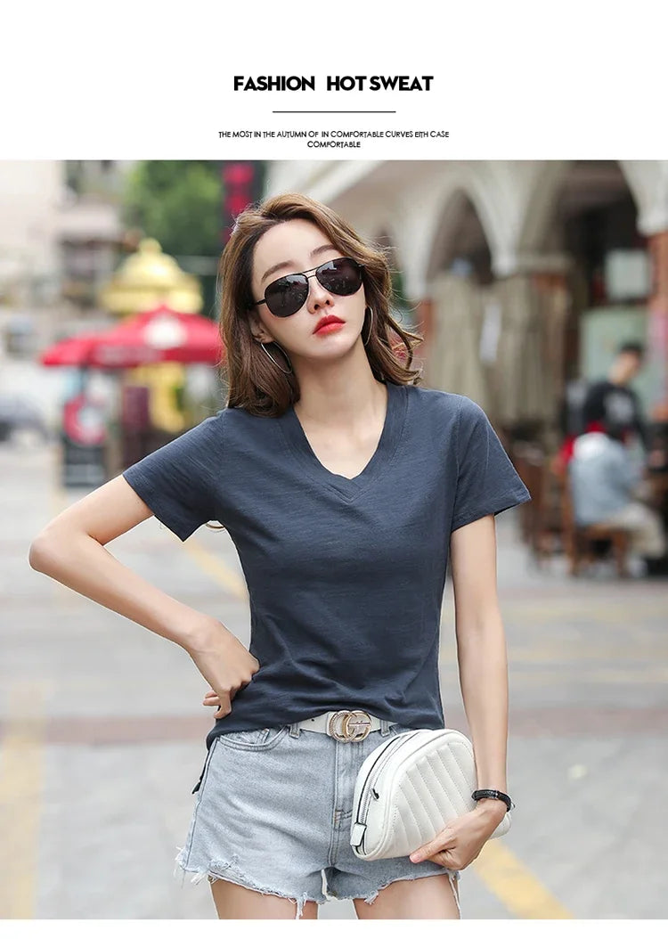 T-Shirt pour femmes 2025 été hauts basique solide coton T-Shirt décontracté Femme vêtements col en v t-shirts à manches courtes T-Shirt Femme