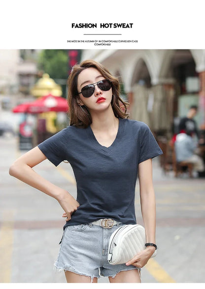 T-Shirt pour femmes 2025 été hauts basique solide coton T-Shirt décontracté Femme vêtements col en v t-shirts à manches courtes T-Shirt Femme