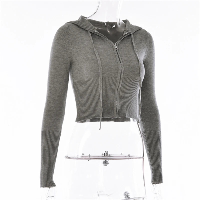 Tenue 2 pièces en tricot côtelé pour femmes, manches longues, fermeture éclair, coupe cintrée, haut court à capuche, pantalon Long élastique, ensemble survêtements Y2K