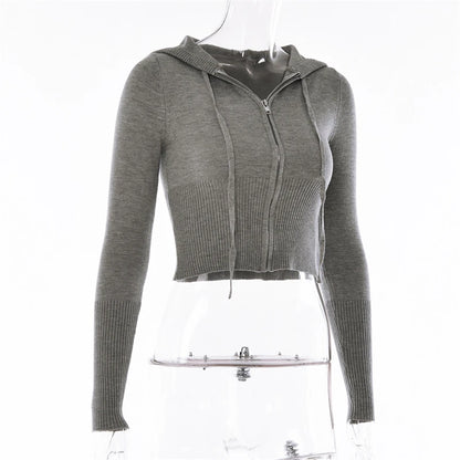 Tenue 2 pièces en tricot côtelé pour femmes, manches longues, fermeture éclair, coupe cintrée, haut court à capuche, pantalon Long élastique, ensemble survêtements Y2K