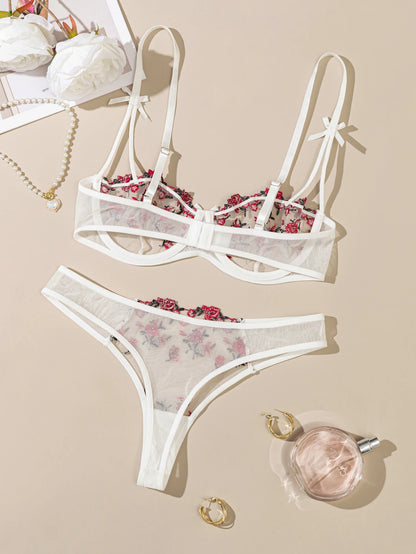 Nuit belle femmes Sexy 2 pièces broderie florale sous-vêtements Sexy lingerie érotique ensemble de sous-vêtements