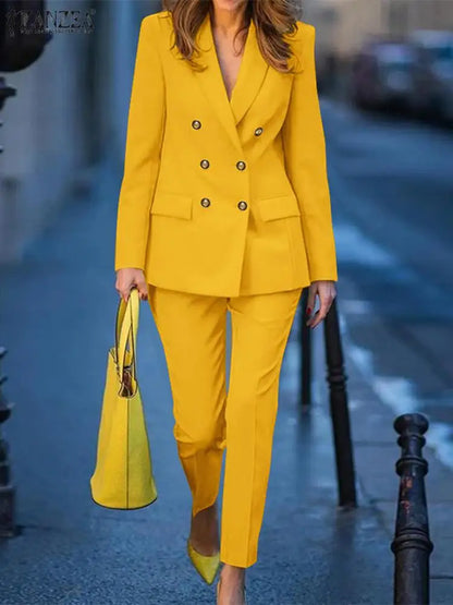 ZANZEA femmes mode 2 pièces Blazer costumes cranté revers à manches longues Blazer pantalon ensembles élégant bureau dame solide 2 pièces tenues
