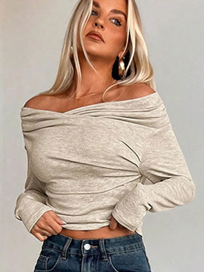 T-shirt femme automne nouveau Streetwear mode manches longues plis décontracté mince t-shirts solide Sexy épaules nues élégant femme T-shirt